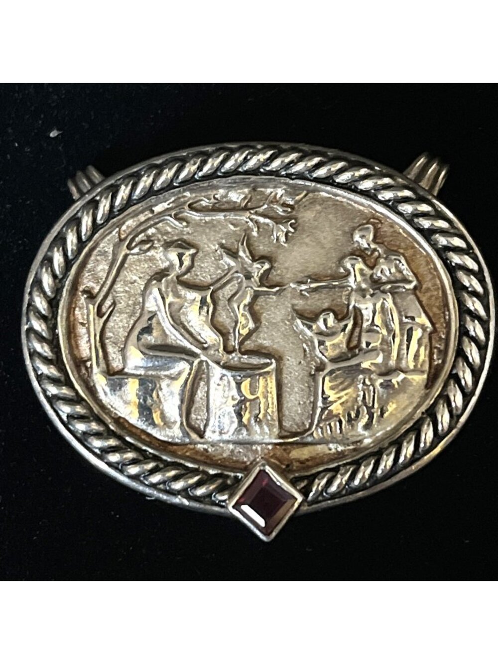 Vintage SeidenGang Sterling Silver Classical Relief Brooch Pendant Garnet 28.5g